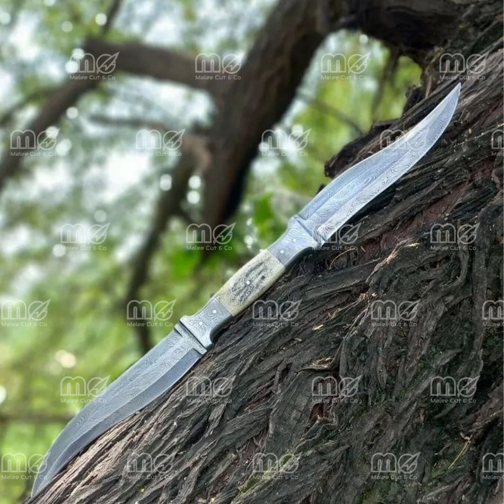 Handmade Damascus Double Blade Knife – Stag Antler & Wood Handle