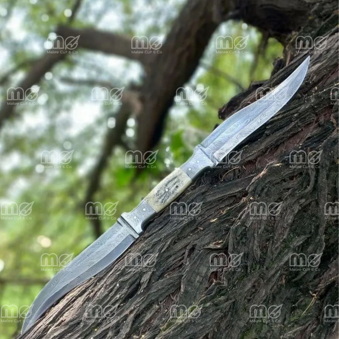 Handmade Damascus Double Blade Knife – Stag Antler & Wood Handle