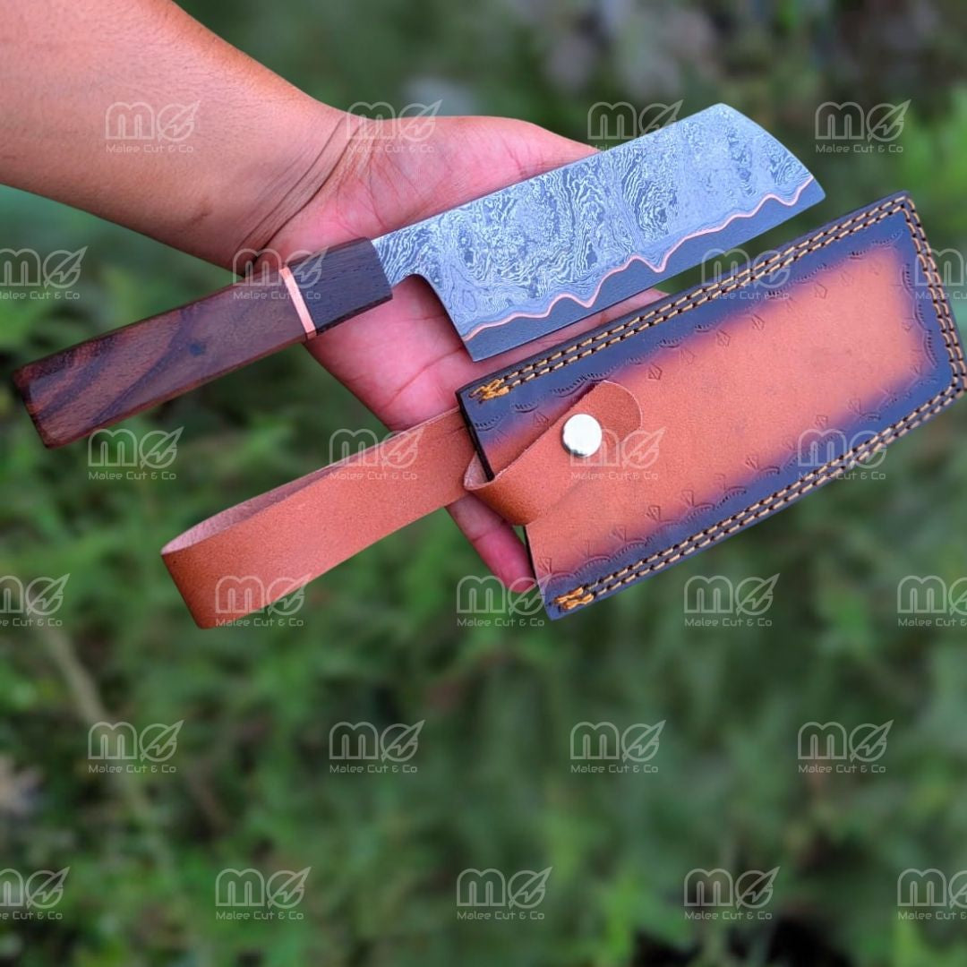Handforged Copper Damascus Chef Cleaver Knife | Wood Handle & Leather Sheath