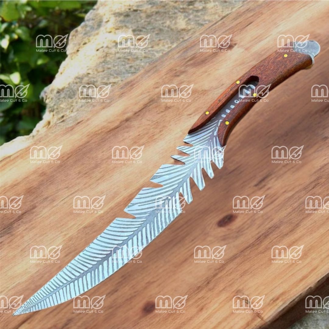 Feather Pattern Damascus Bowie Knife With Leather Sheath