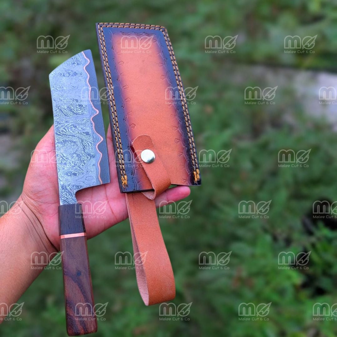 Handforged Copper Damascus Chef Cleaver Knife | Wood Handle & Leather Sheath