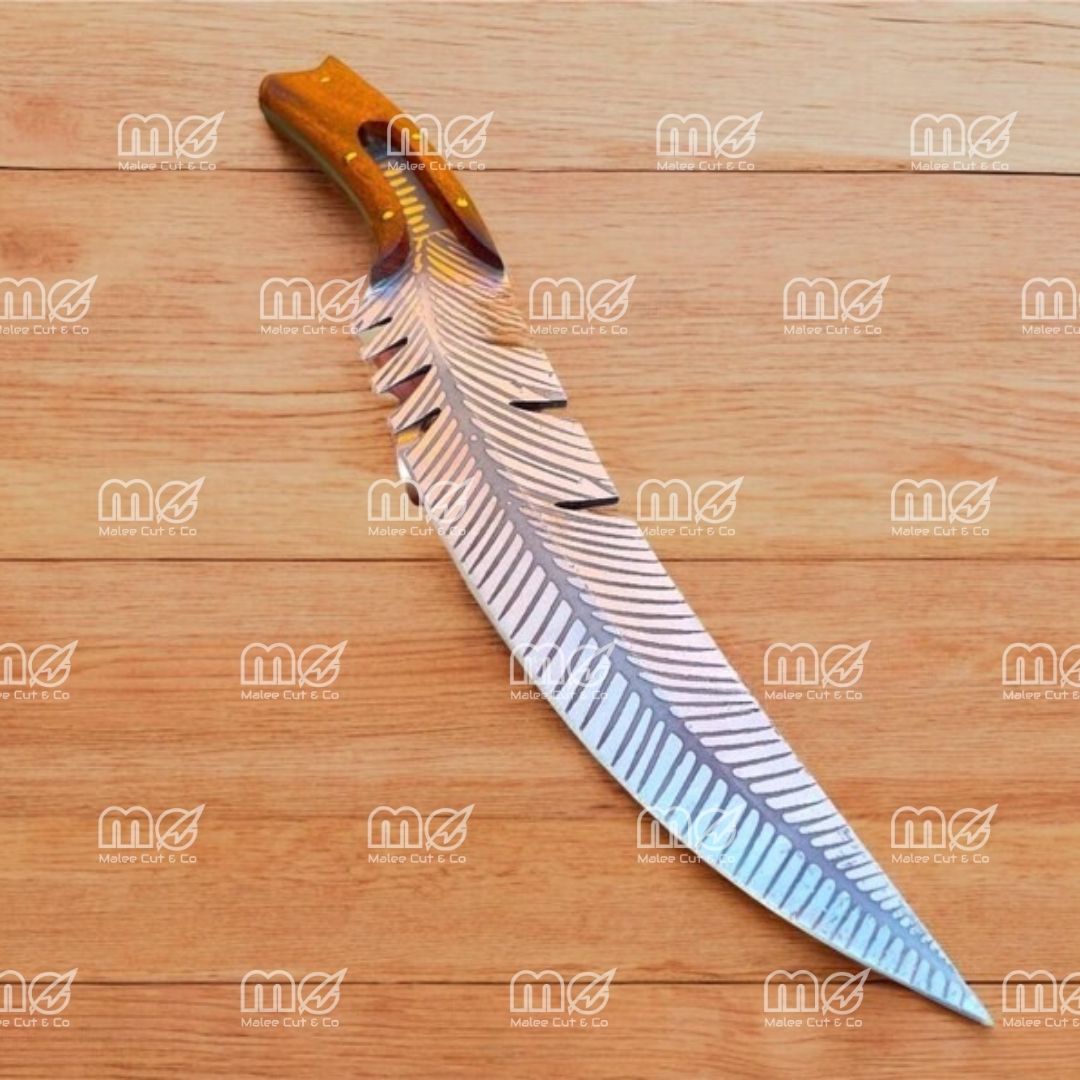 Feather Pattern Damascus Bowie Knife With Leather Sheath