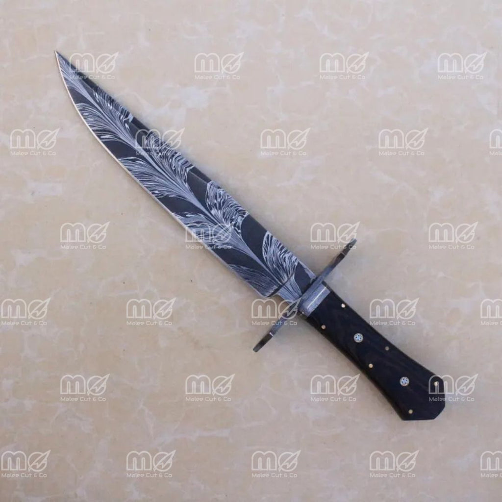 15" Handmade Feather Damascus Bowie Knife – Wenge Wood Handle With Leather Sheath
