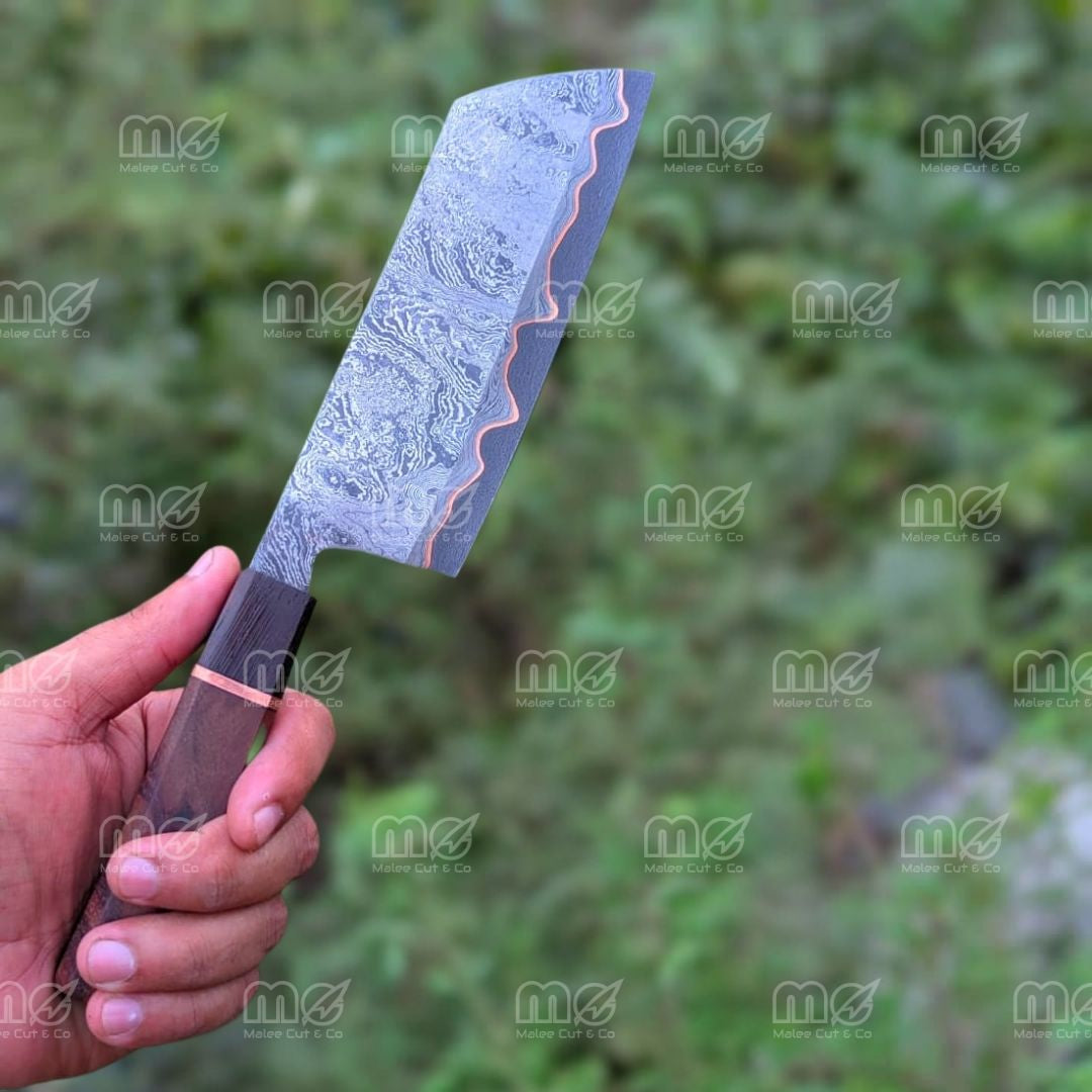 Handforged Copper Damascus Chef Cleaver Knife | Wood Handle & Leather Sheath