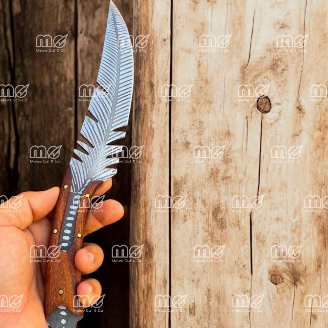 Feather Pattern Damascus Bowie Knife With Leather Sheath