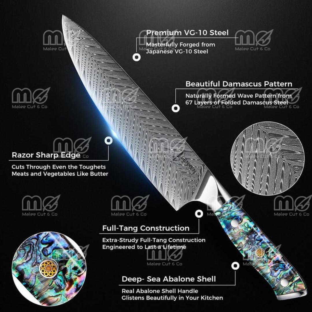 11-Piece Real Abalone Shell Damascus Knife Set with Acacia Wood Block