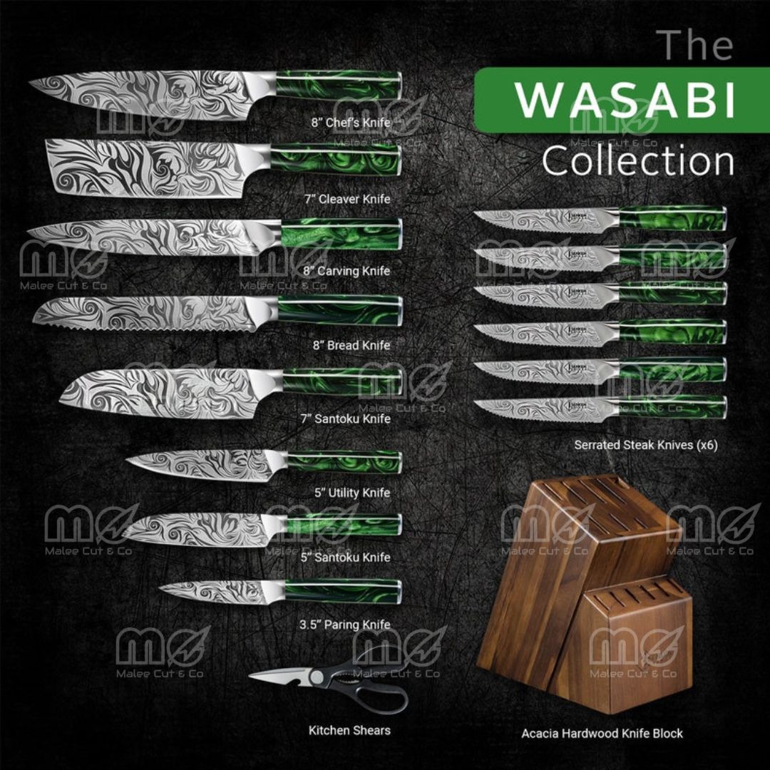 16-Piece Japanese Chef Knife Block Set – Green Resin Handles & Acacia Wood Block