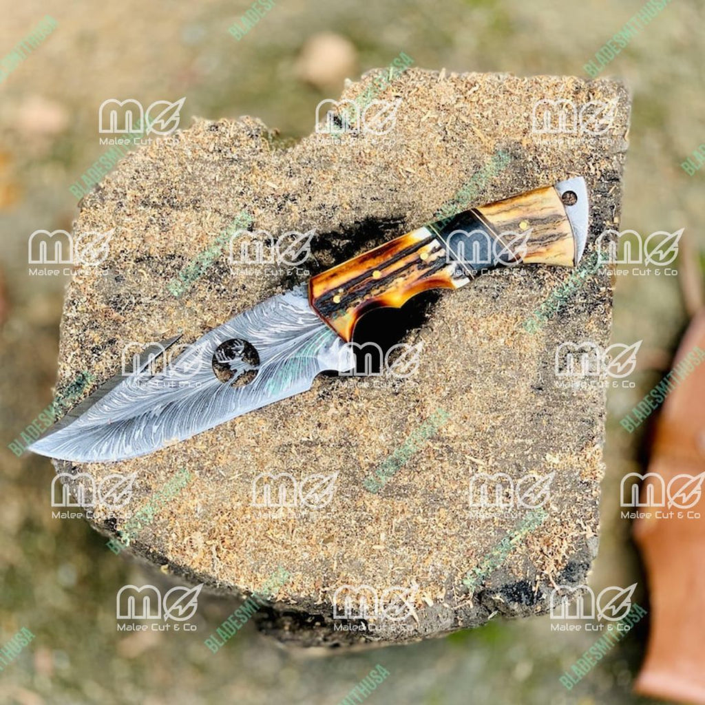 Personalized Handmade Damascus Hunting Knife With Stag Horn Handle