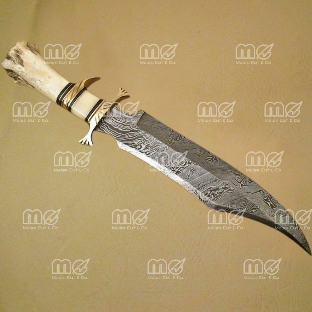 Custom Damascus Steel Hunting Knife with Camel Bone Handle
