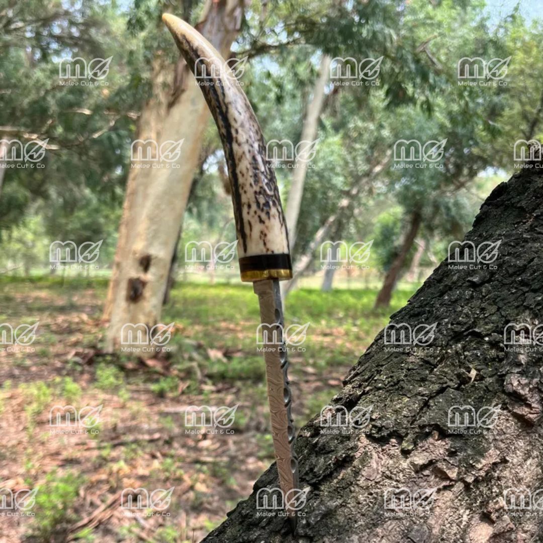 Handmade Damascus Hunting Knife With Stag Antler Handle
