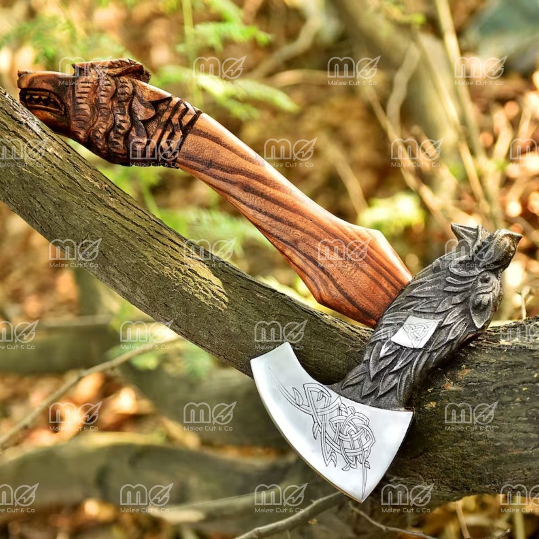 Custom Wolf Viking Axe – Hand Forged Carbon Steel Bearded Axe With Leather Sheath