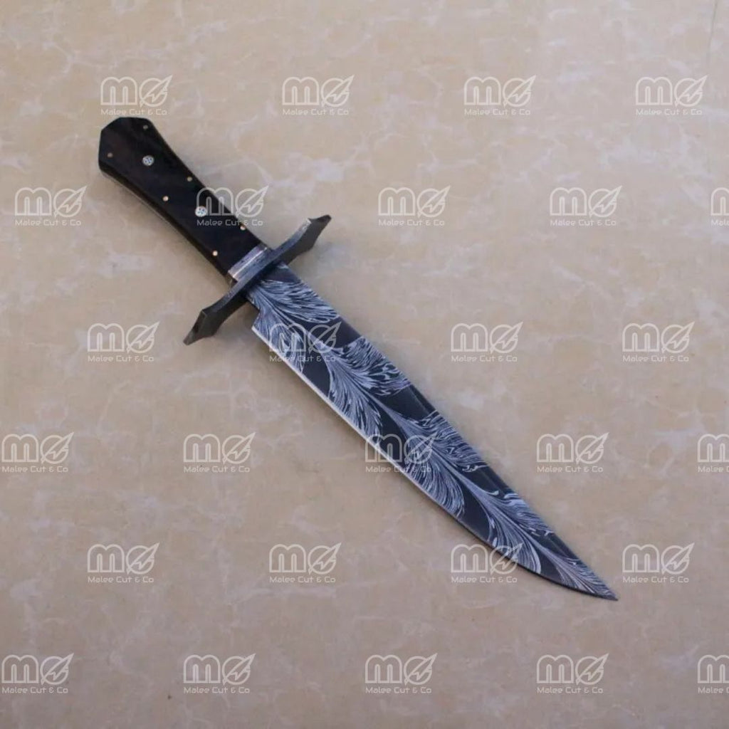 15" Handmade Feather Damascus Bowie Knife – Wenge Wood Handle With Leather Sheath