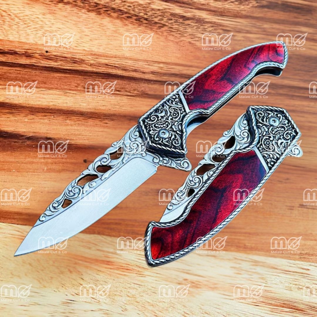 8.75" Vintage Assisted Folding Knife – Stainless Steel Blade With Silver Floral Engraving & Red Wood Handle