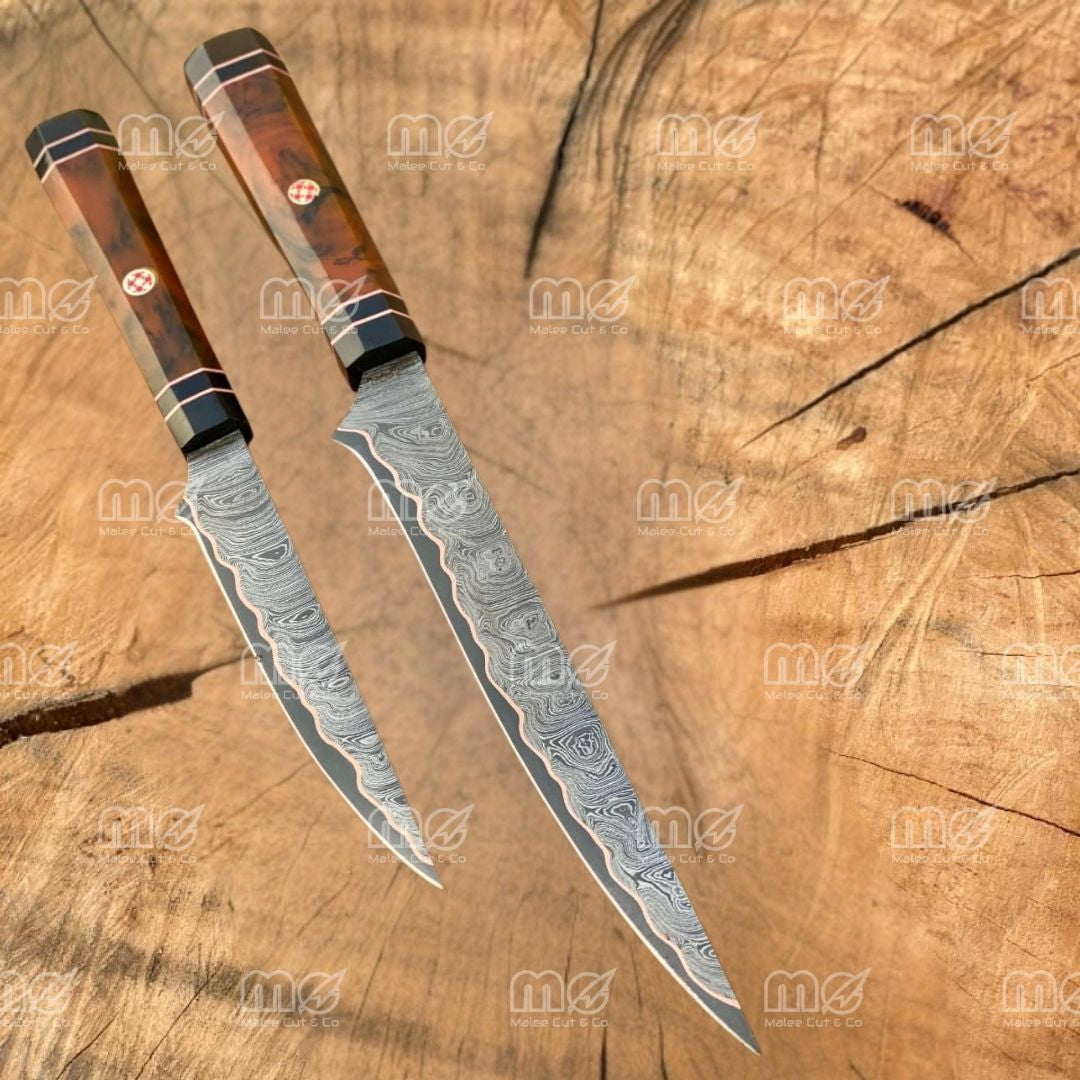 Copper Damascus Fillet Knife Set | Handmade Cu Mai Chef Knife