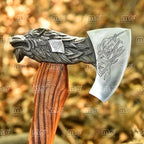 Custom Wolf Viking Axe – Hand Forged Carbon Steel Bearded Axe With Leather Sheath