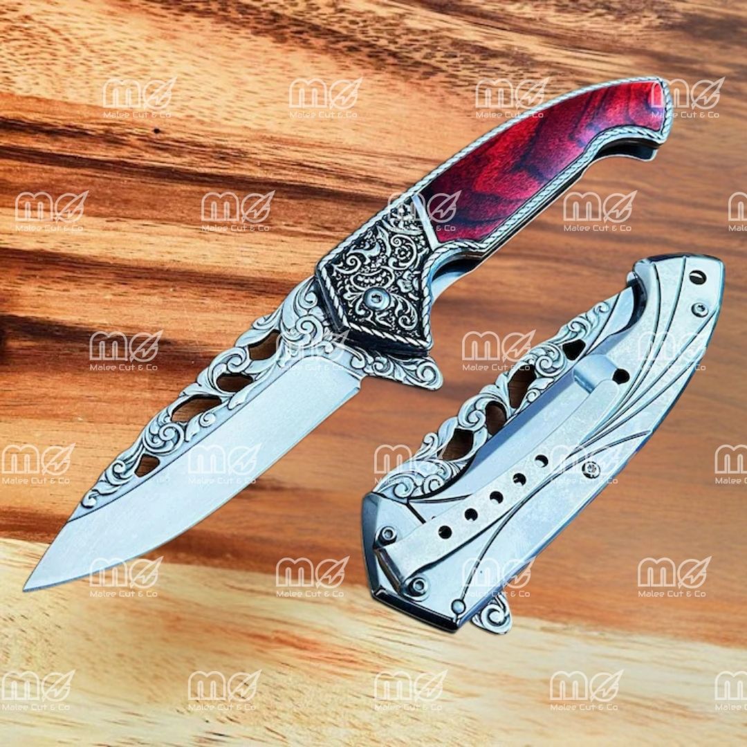 8.75" Vintage Assisted Folding Knife – Stainless Steel Blade With Silver Floral Engraving & Red Wood Handle