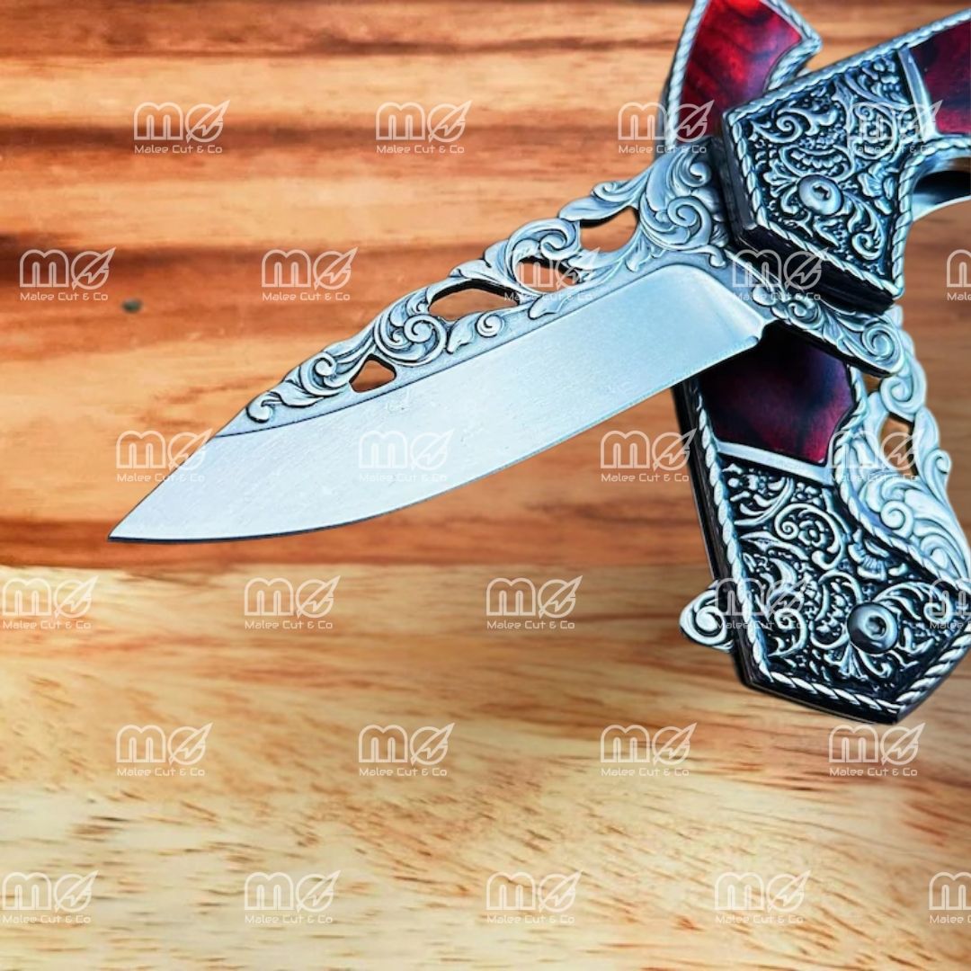 8.75" Vintage Assisted Folding Knife – Stainless Steel Blade With Silver Floral Engraving & Red Wood Handle