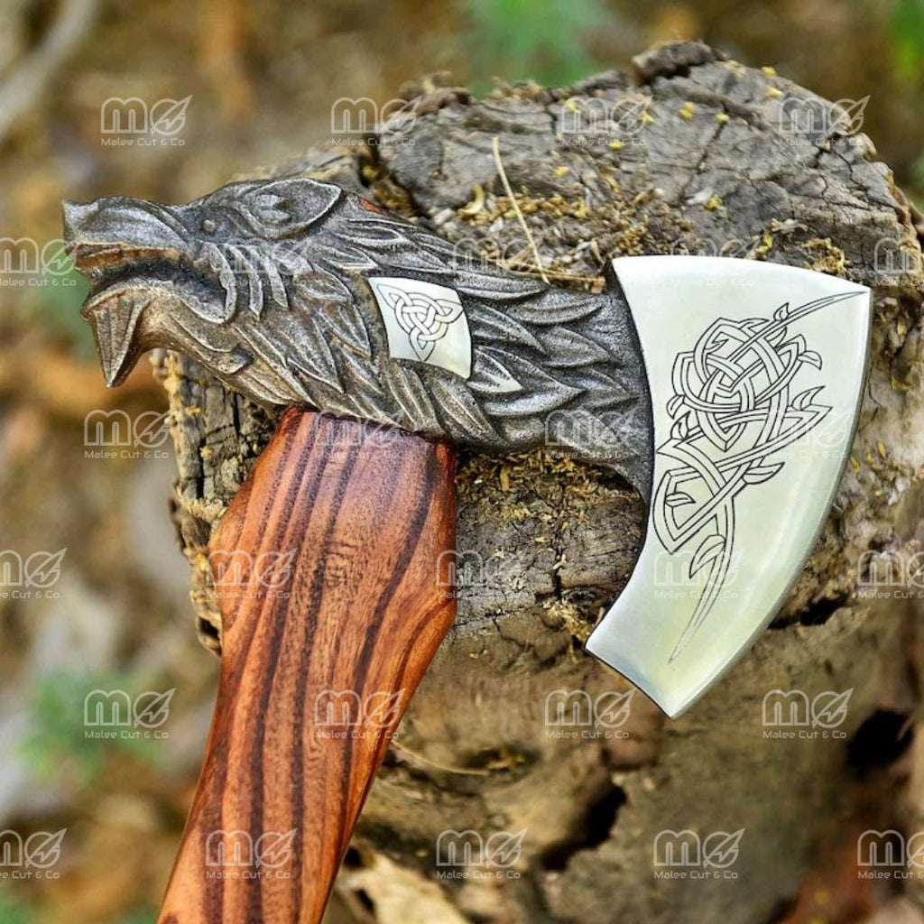 Custom Wolf Viking Axe – Hand Forged Carbon Steel Bearded Axe With Leather Sheath