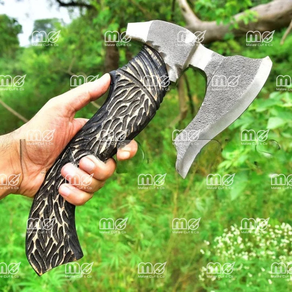 Hand Forged Viking Pizza Cutter With Stainless Steel Blade, Wolf & Leaves Etching, Engraved Ash Wood Handle, and Leather Sheath