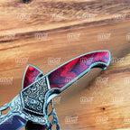 8.75" Vintage Assisted Folding Knife – Stainless Steel Blade With Silver Floral Engraving & Red Wood Handle