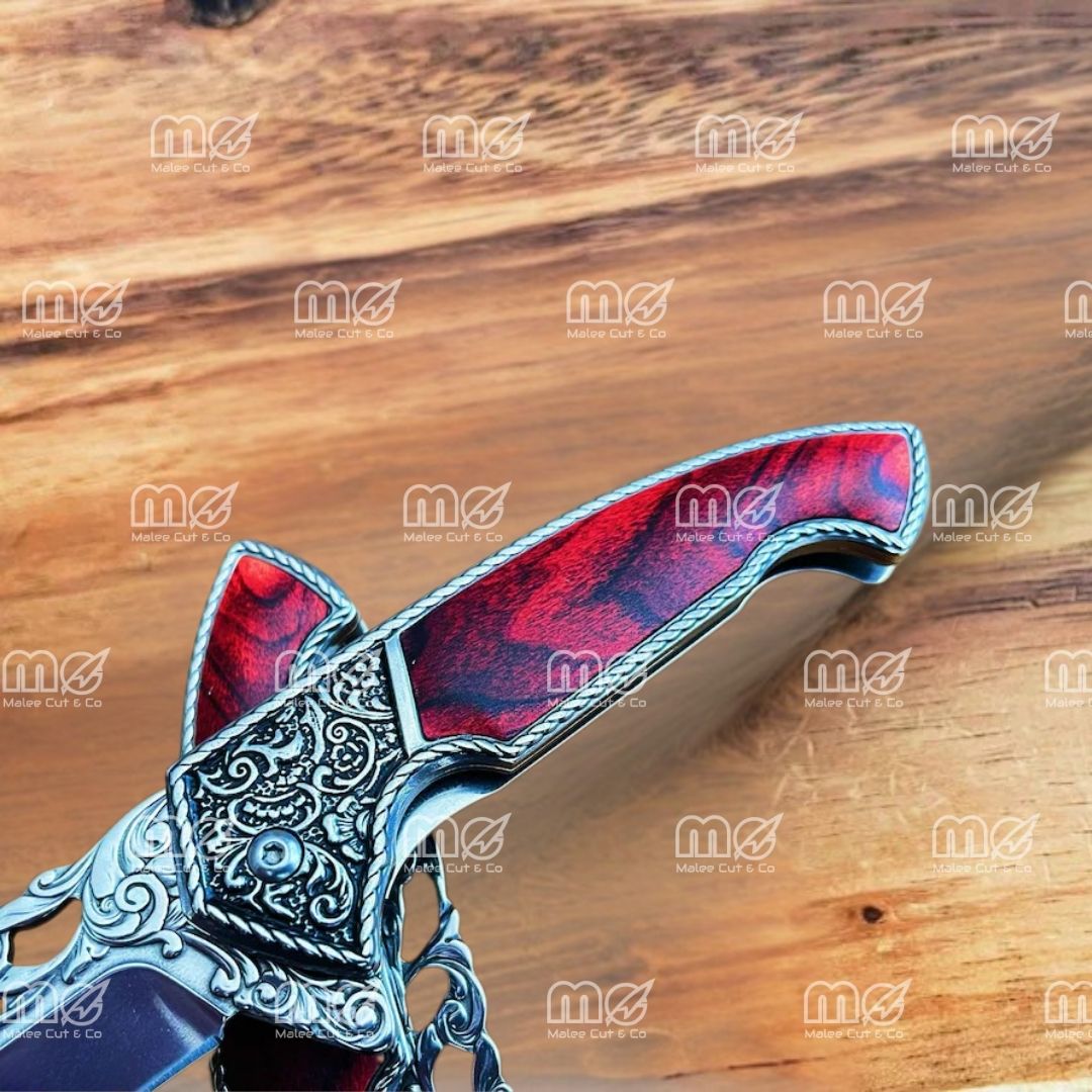 8.75" Vintage Assisted Folding Knife – Stainless Steel Blade With Silver Floral Engraving & Red Wood Handle