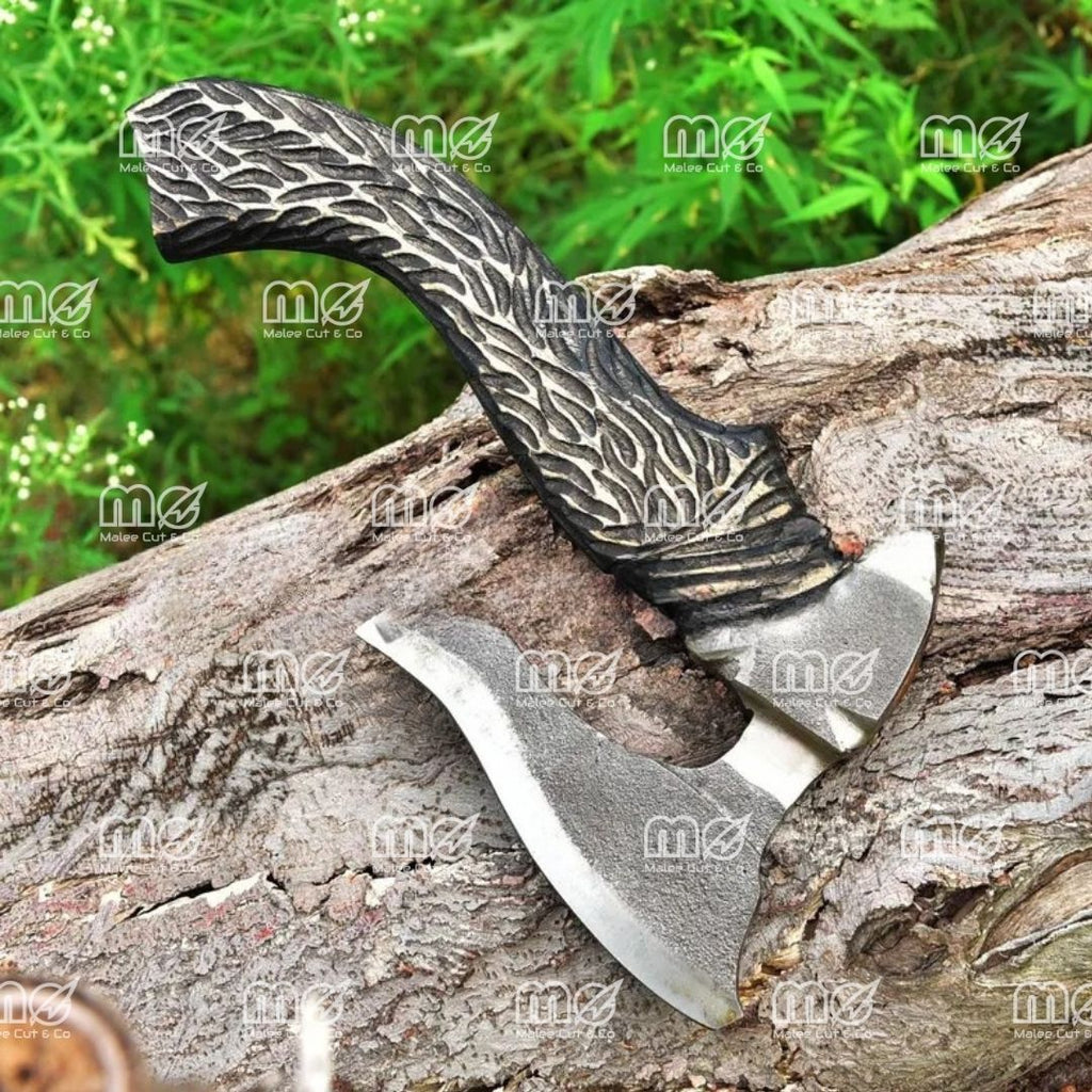 Hand Forged Viking Pizza Cutter With Stainless Steel Blade, Wolf & Leaves Etching, Engraved Ash Wood Handle, and Leather Sheath