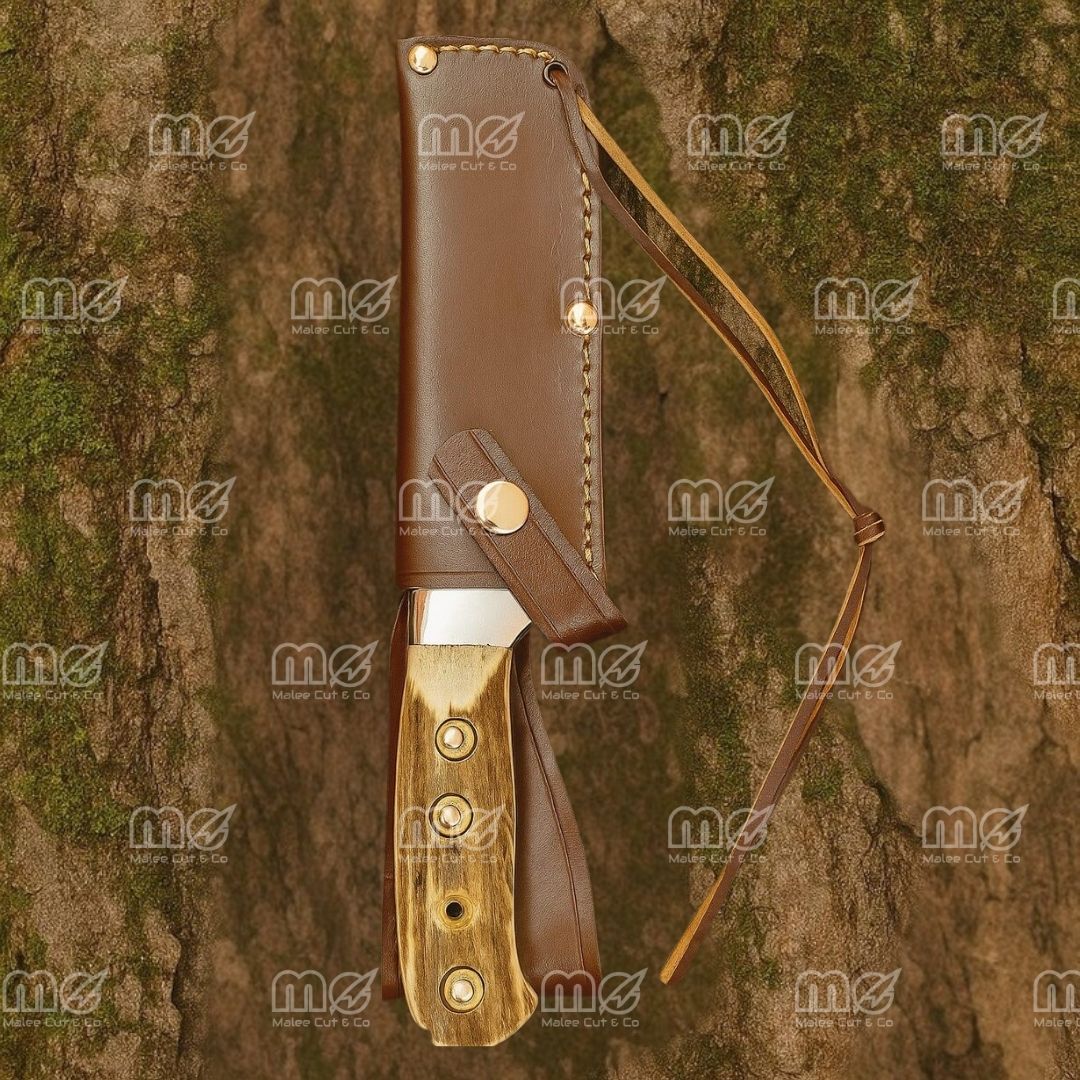 Handmade J2 Steel Hunting Knife – Stag Antler Handle With Leather Sheath