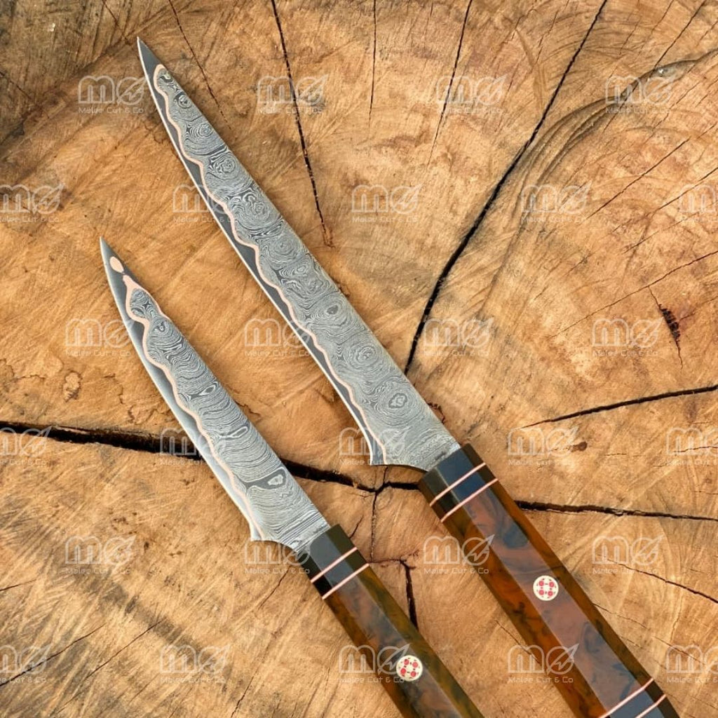 Copper Damascus Fillet Knife Set | Handmade Cu Mai Chef Knife