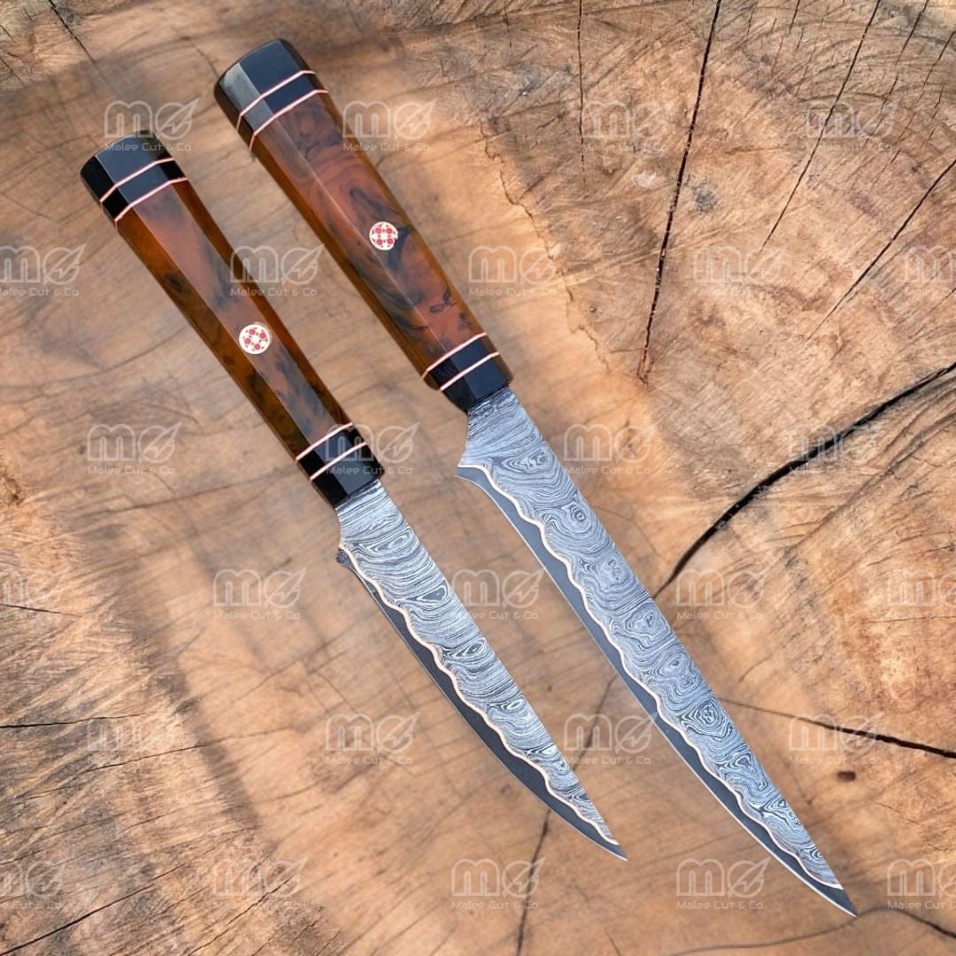 Copper Damascus Fillet Knife Set | Handmade Cu Mai Chef Knife