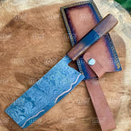 Handforged Copper Damascus Chef Cleaver Knive  With Leather Sheath