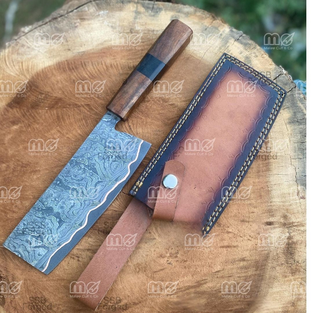 Handforged Copper Damascus Chef Cleaver Knive  With Leather Sheath