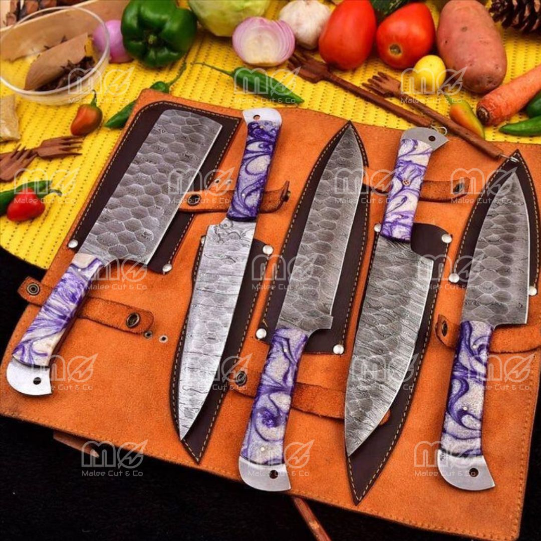 Custom Engraved Damascus Steel Kitchen Knife Set