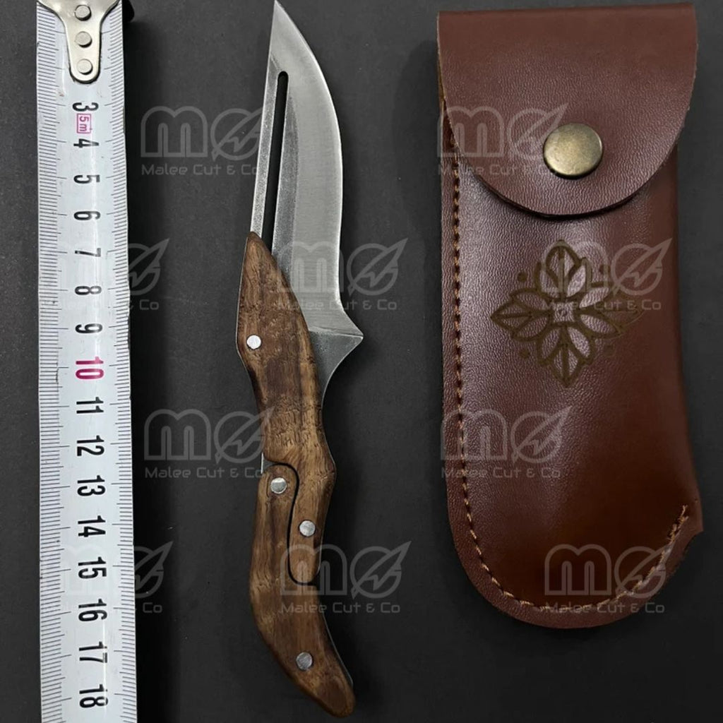 Handmade Damascus Steel Folding Pocket Knife with Leather Case
