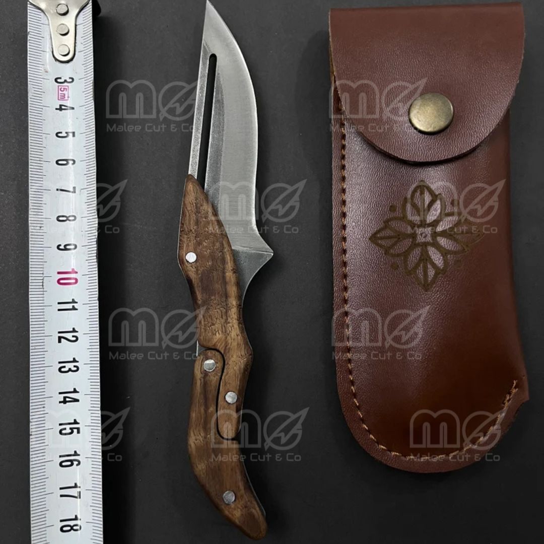 Handmade Damascus Steel Folding Pocket Knife with Leather Case