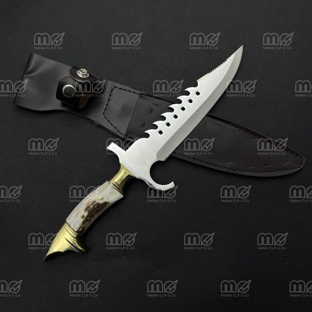 Custom Handmade Hunting Knife With Deer Antler & Wolf Brass Guard