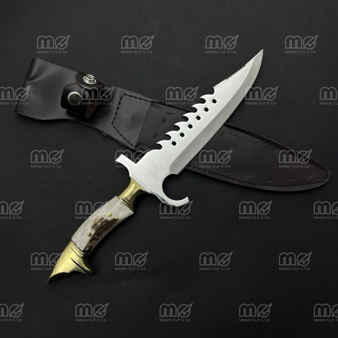 Custom Handmade Hunting Knife With Deer Antler & Wolf Brass Guard