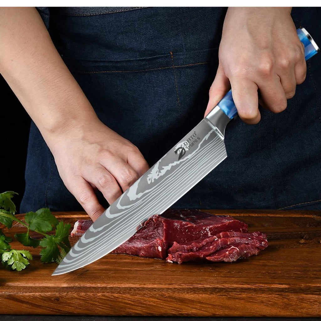 9PCS Japanese Damascus Pattern Kitchen Knife Set