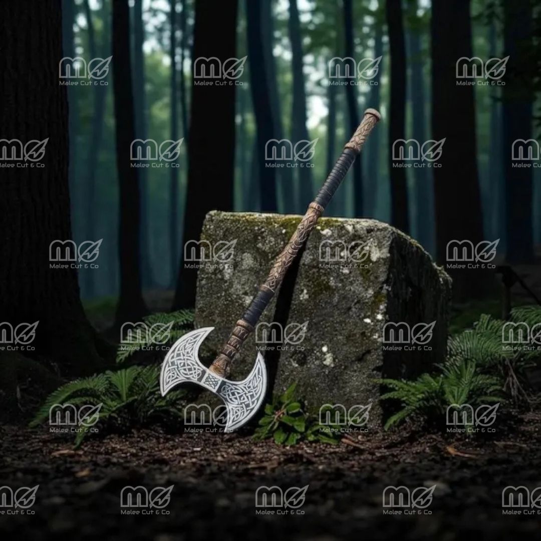 Handcrafted Viking Double-Head Axe | Engraved Steel Blade & Ash Wood Handle