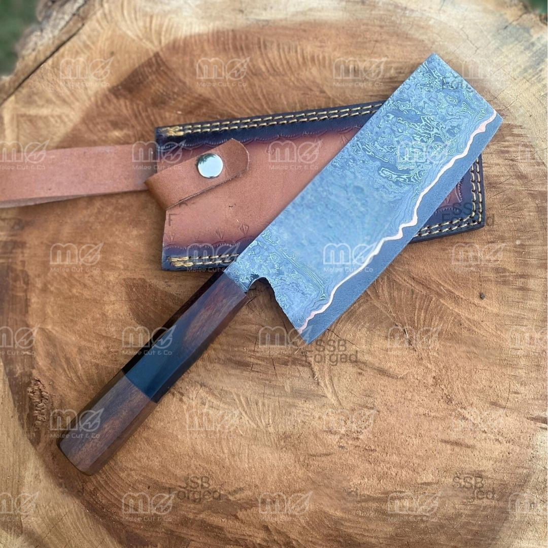 Handforged Copper Damascus Chef Cleaver Knive  With Leather Sheath
