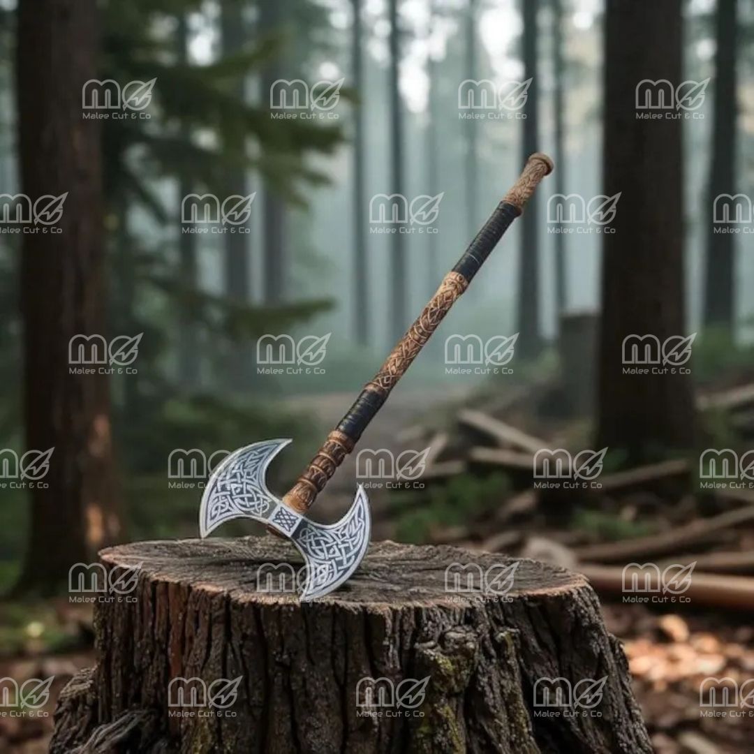 Handcrafted Viking Double-Head Axe | Engraved Steel Blade & Ash Wood Handle