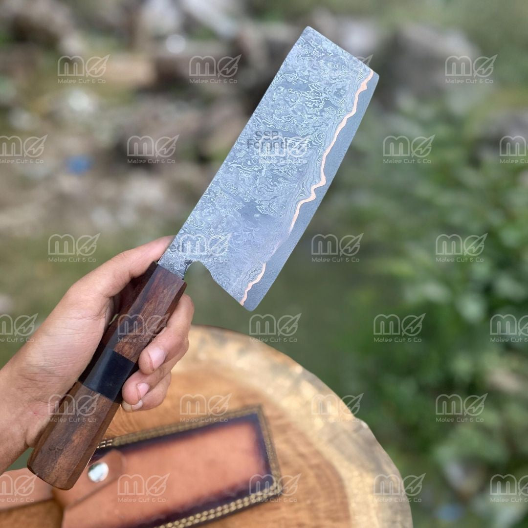 Handforged Copper Damascus Chef Cleaver Knive  With Leather Sheath