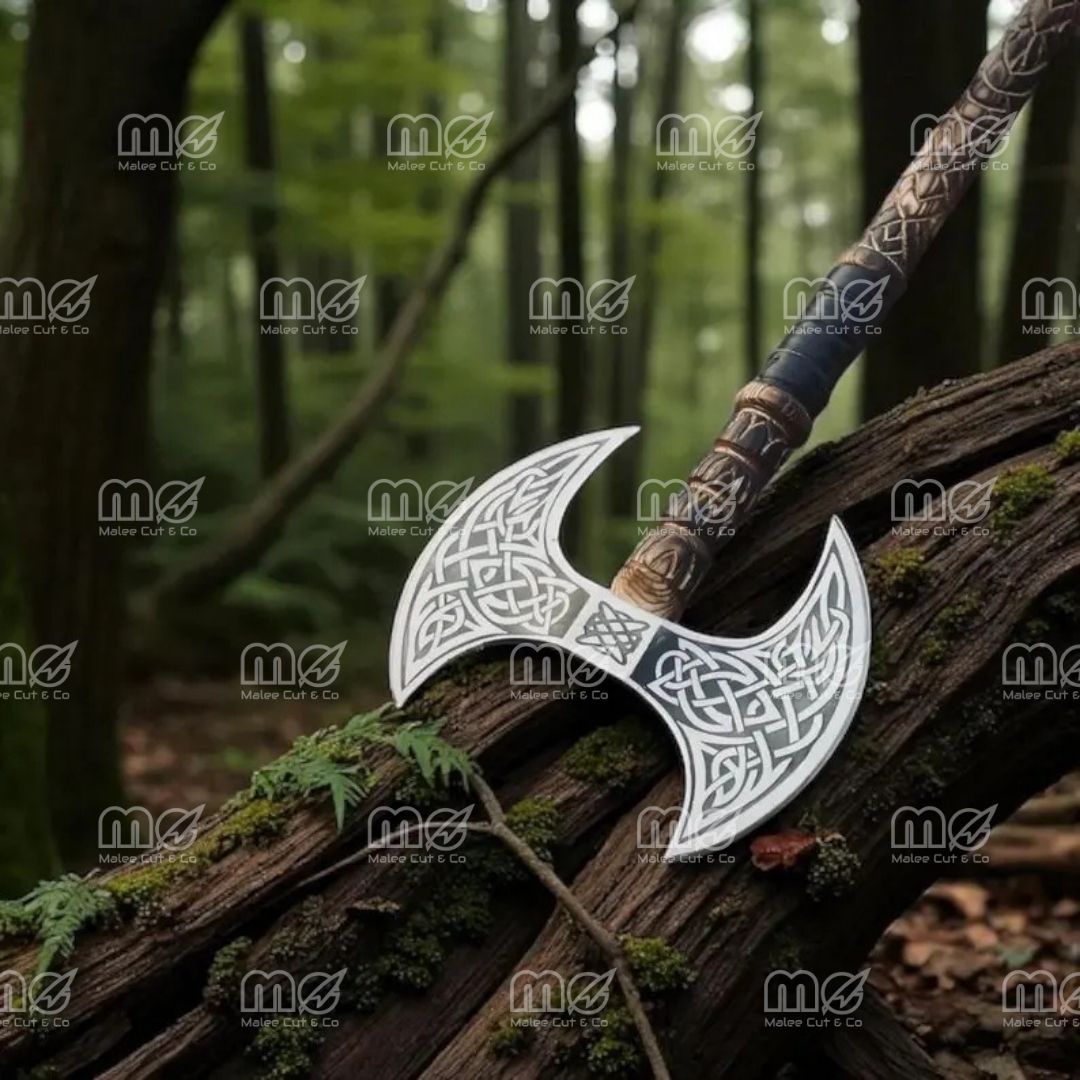 Handcrafted Viking Double-Head Axe | Engraved Steel Blade & Ash Wood Handle