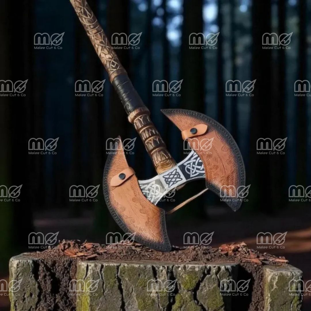Handcrafted Viking Double-Head Axe | Engraved Steel Blade & Ash Wood Handle