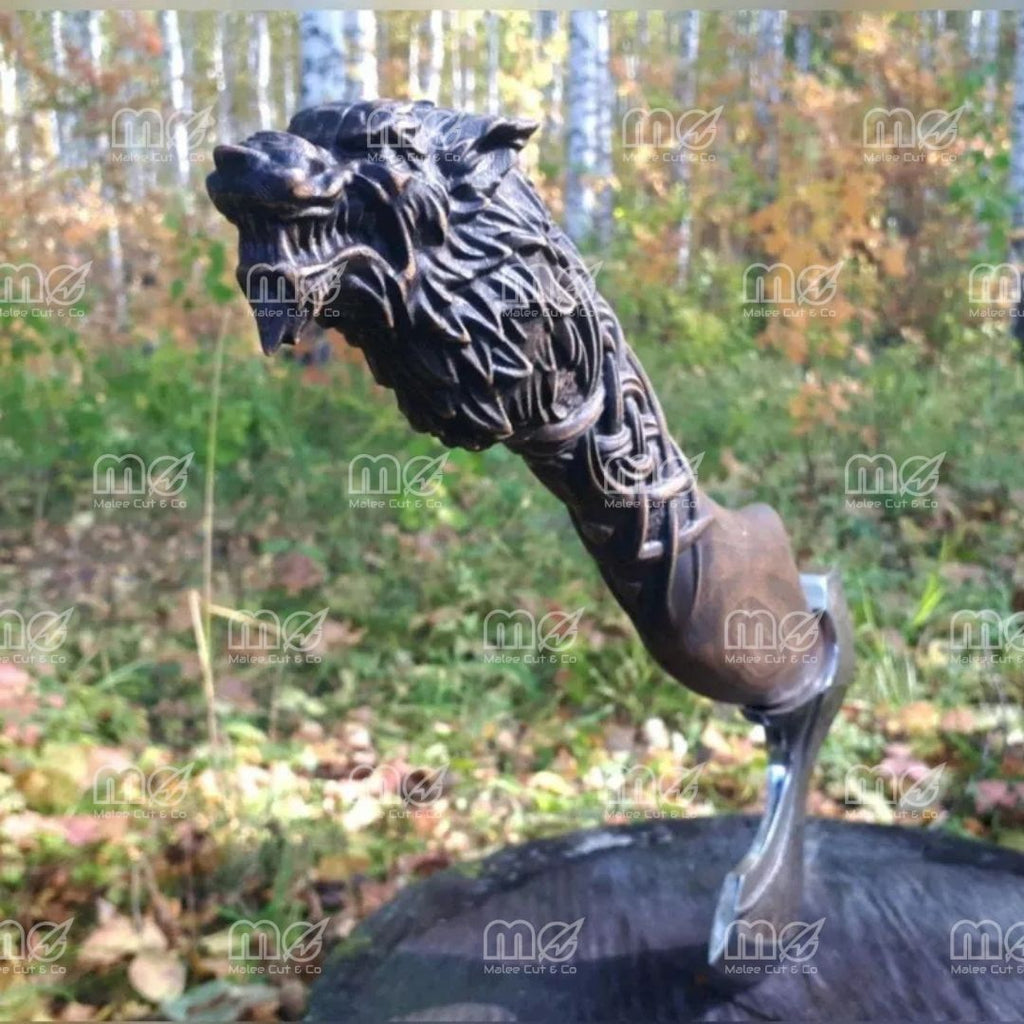 Custom Handmade Fenrir Viking Axe – Engraved Carbon Steel Blade With Norse Wolf Design & Leather Sheath