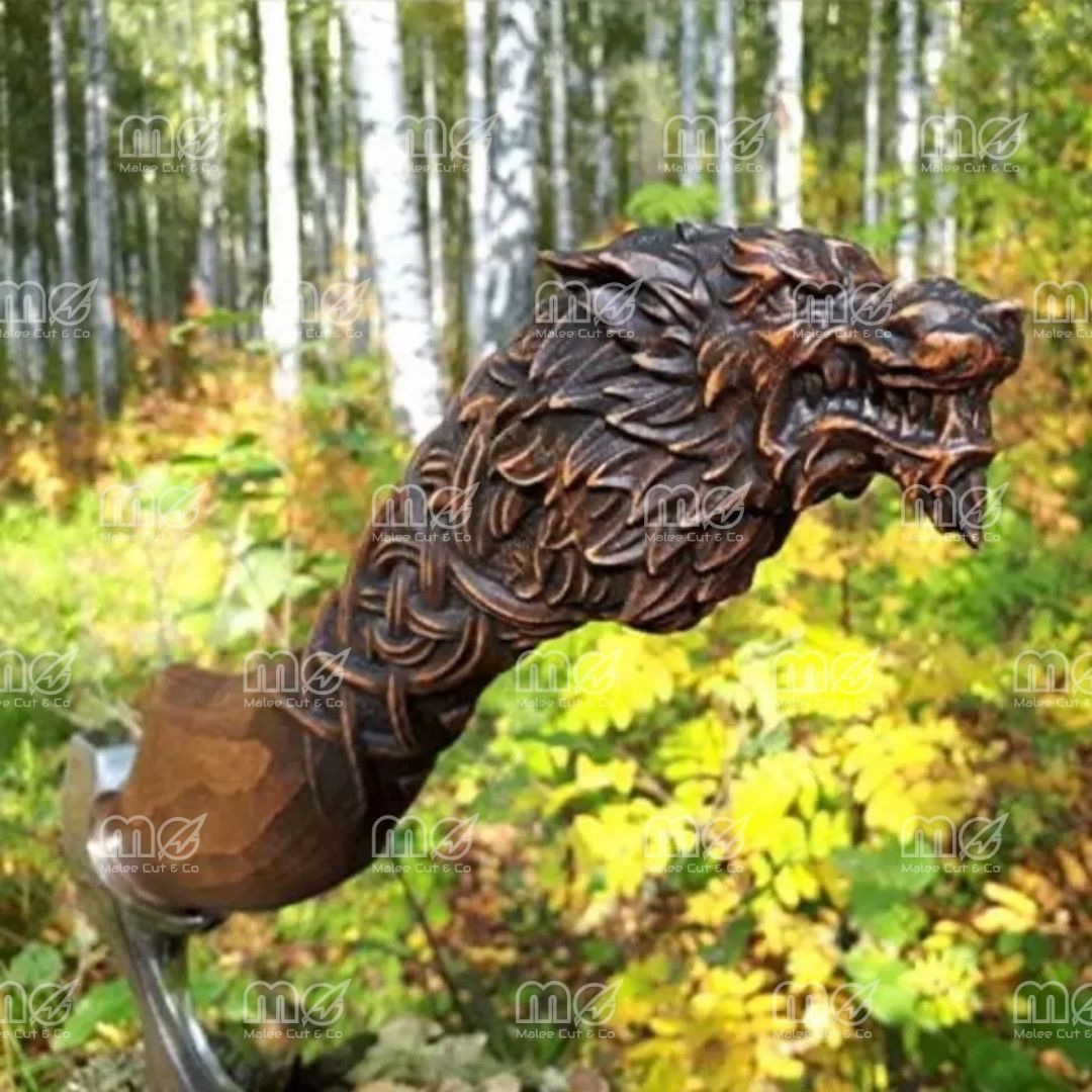 Custom Handmade Fenrir Viking Axe – Engraved Carbon Steel Blade With Norse Wolf Design & Leather Sheath