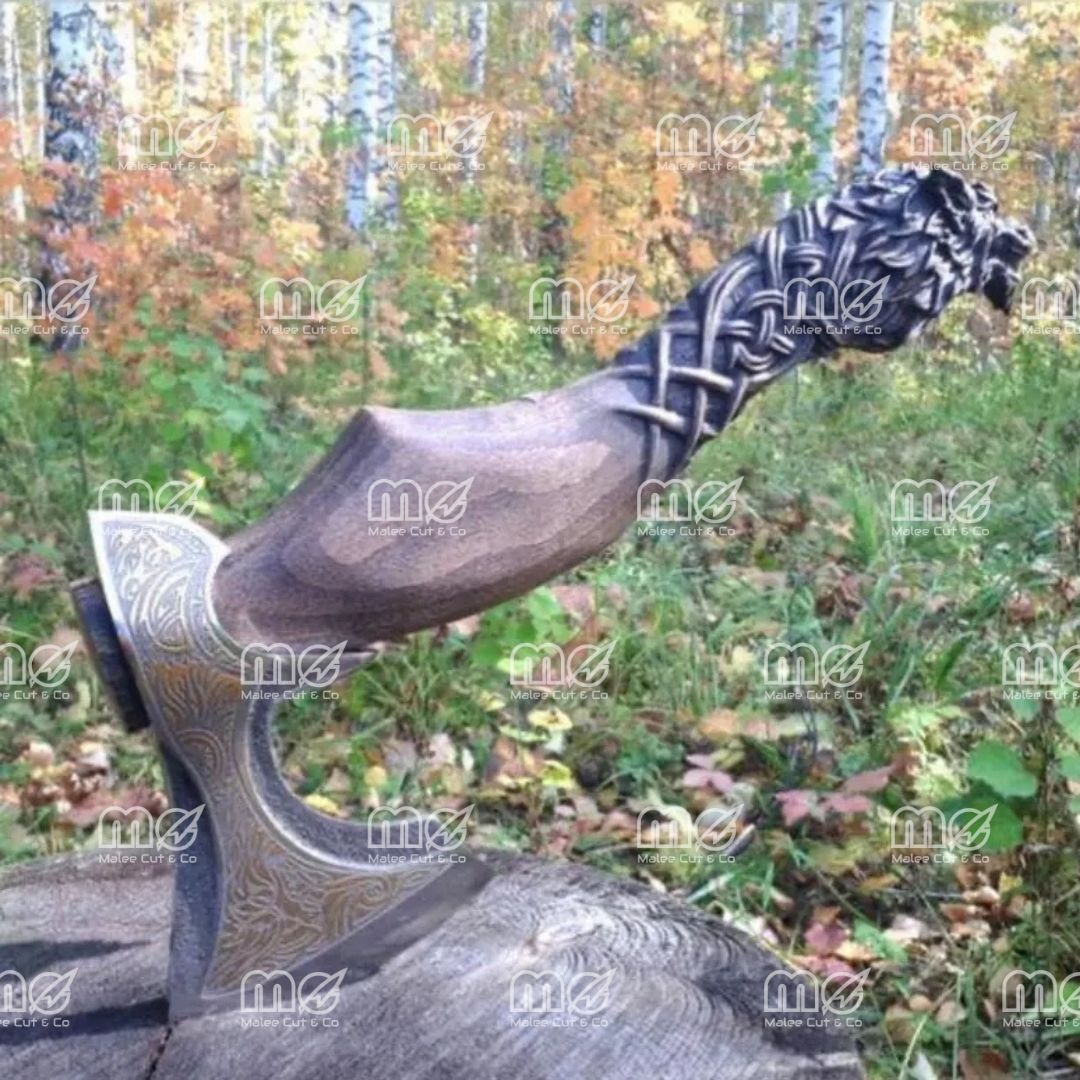 Custom Handmade Fenrir Viking Axe – Engraved Carbon Steel Blade With Norse Wolf Design & Leather Sheath