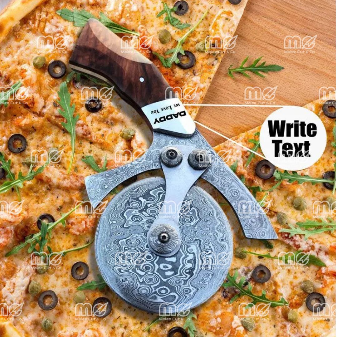 Custom Personalized Damascus Pizza Cutter – Hand Forged Pizza & Bread Slicer