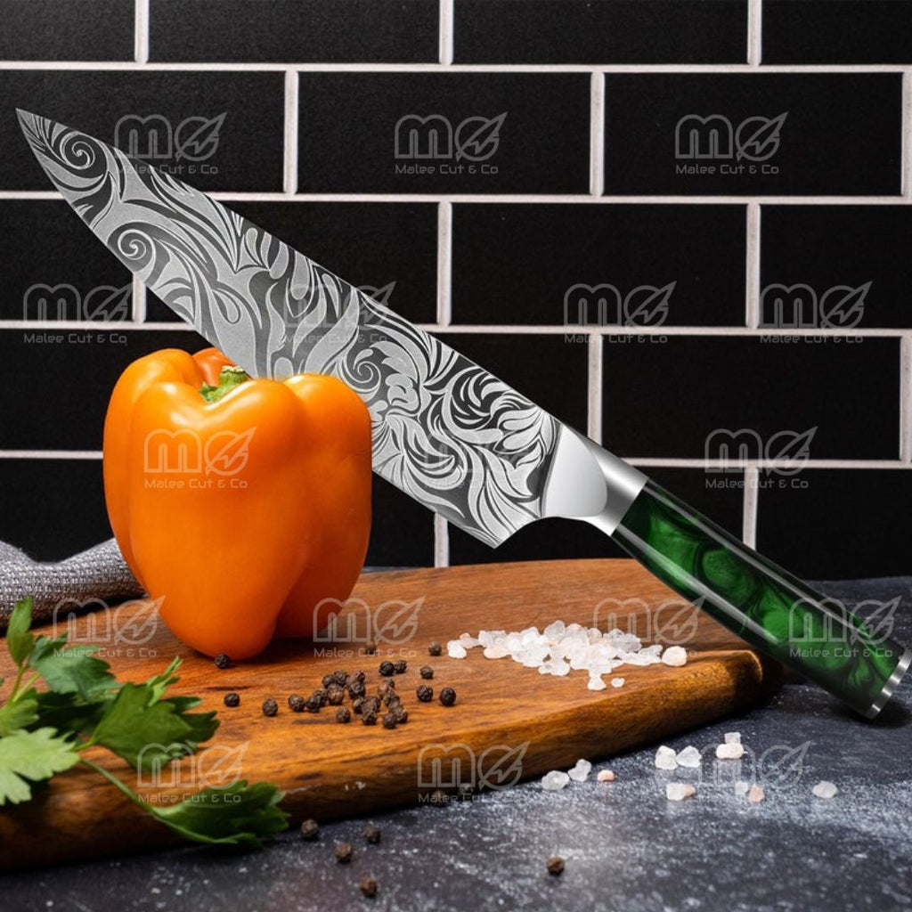 16-Piece Japanese Chef Knife Block Set – Green Resin Handles & Acacia Wood Block