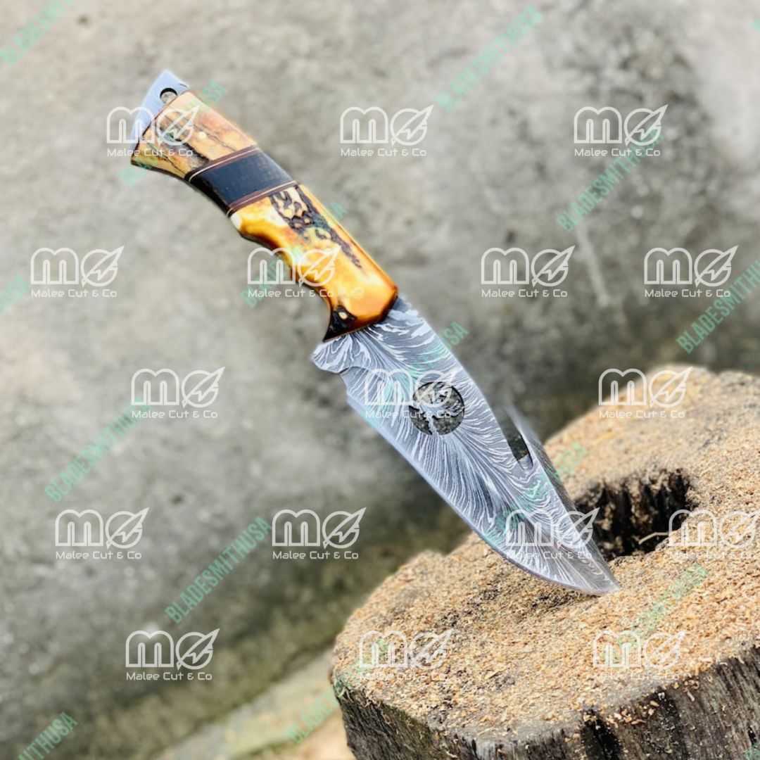 Personalized Handmade Damascus Hunting Knife With Stag Horn Handle