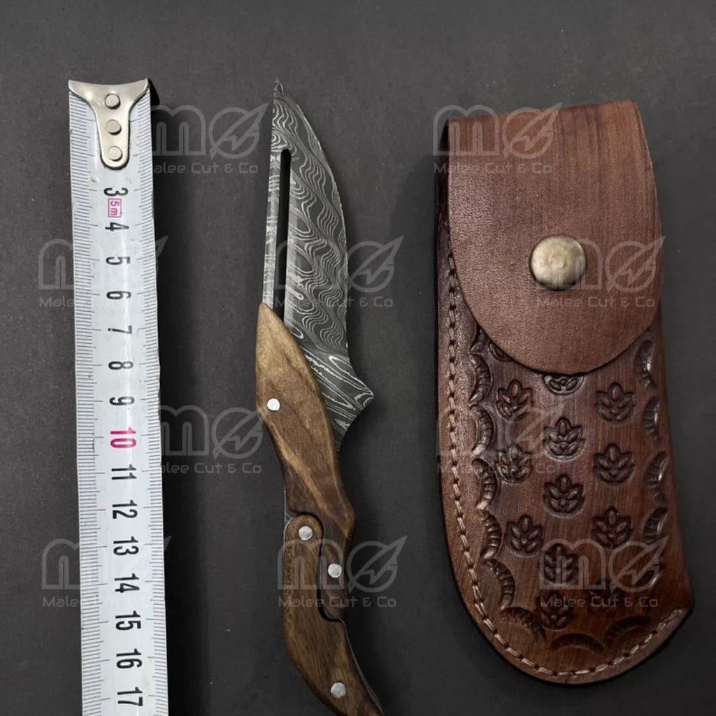 Handmade Damascus Steel Folding Pocket Knife with Leather Case